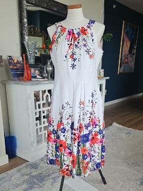 Nine West White Midi Dress with Floral Print.  Size 12. NEW
